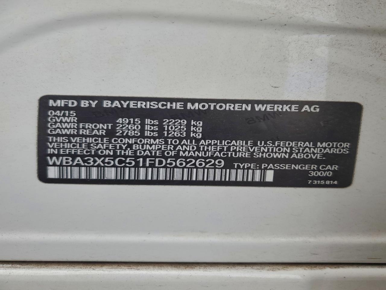 2015 BMW 328 Xigt VIN: WBA3X5C51FD562629 Lot: 95780405