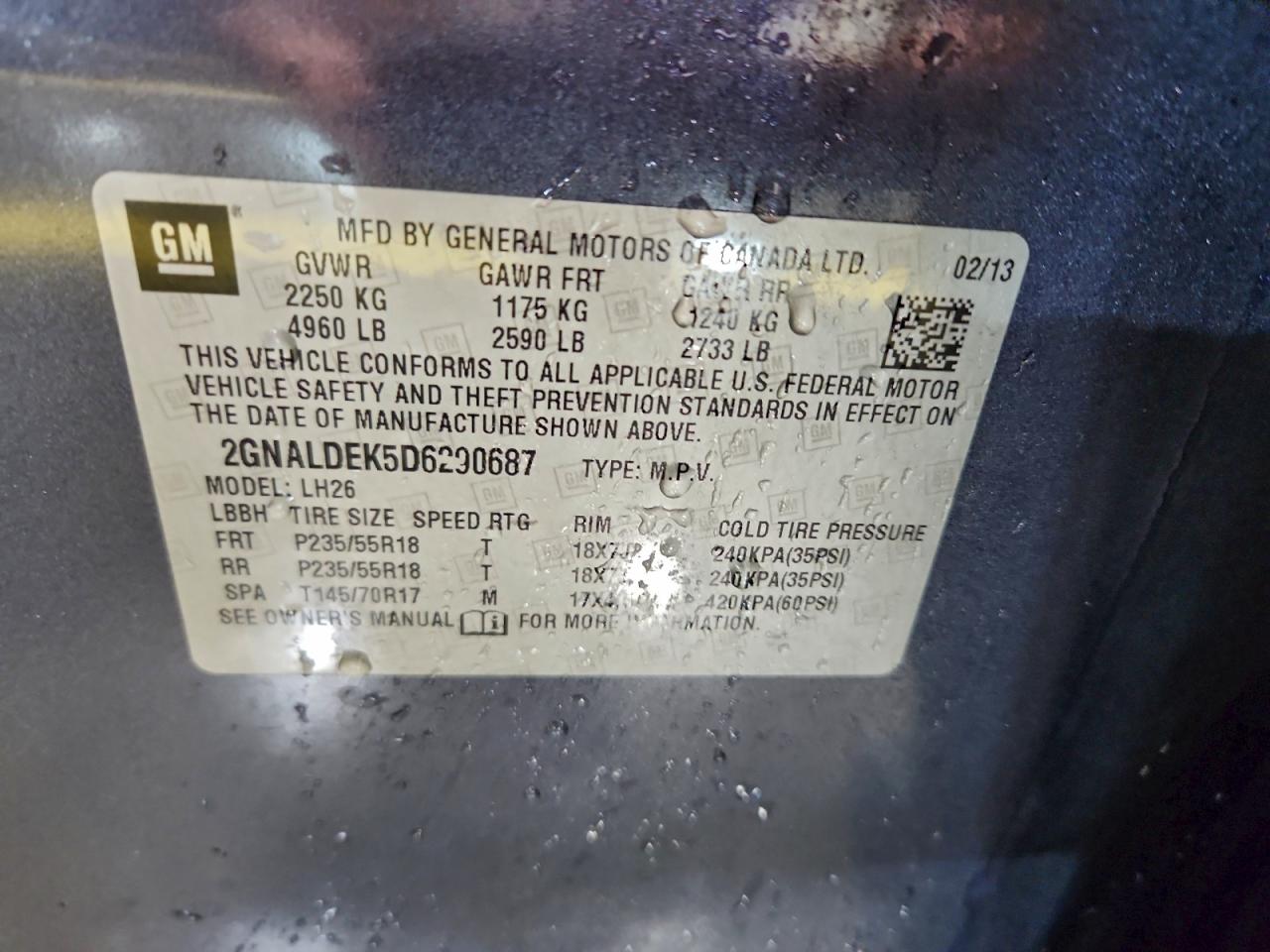 2013 Chevrolet Equinox Lt VIN: 2GNALDEK5D6290687 Lot: 94638855