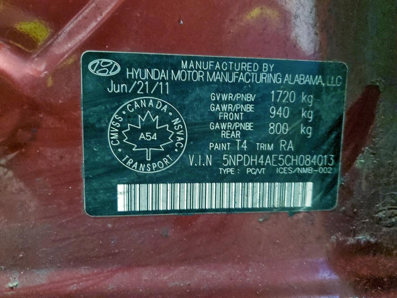 2012 Hyundai Elantra Gls VIN: 5NPDH4AE5CH084013 Lot: 96168965