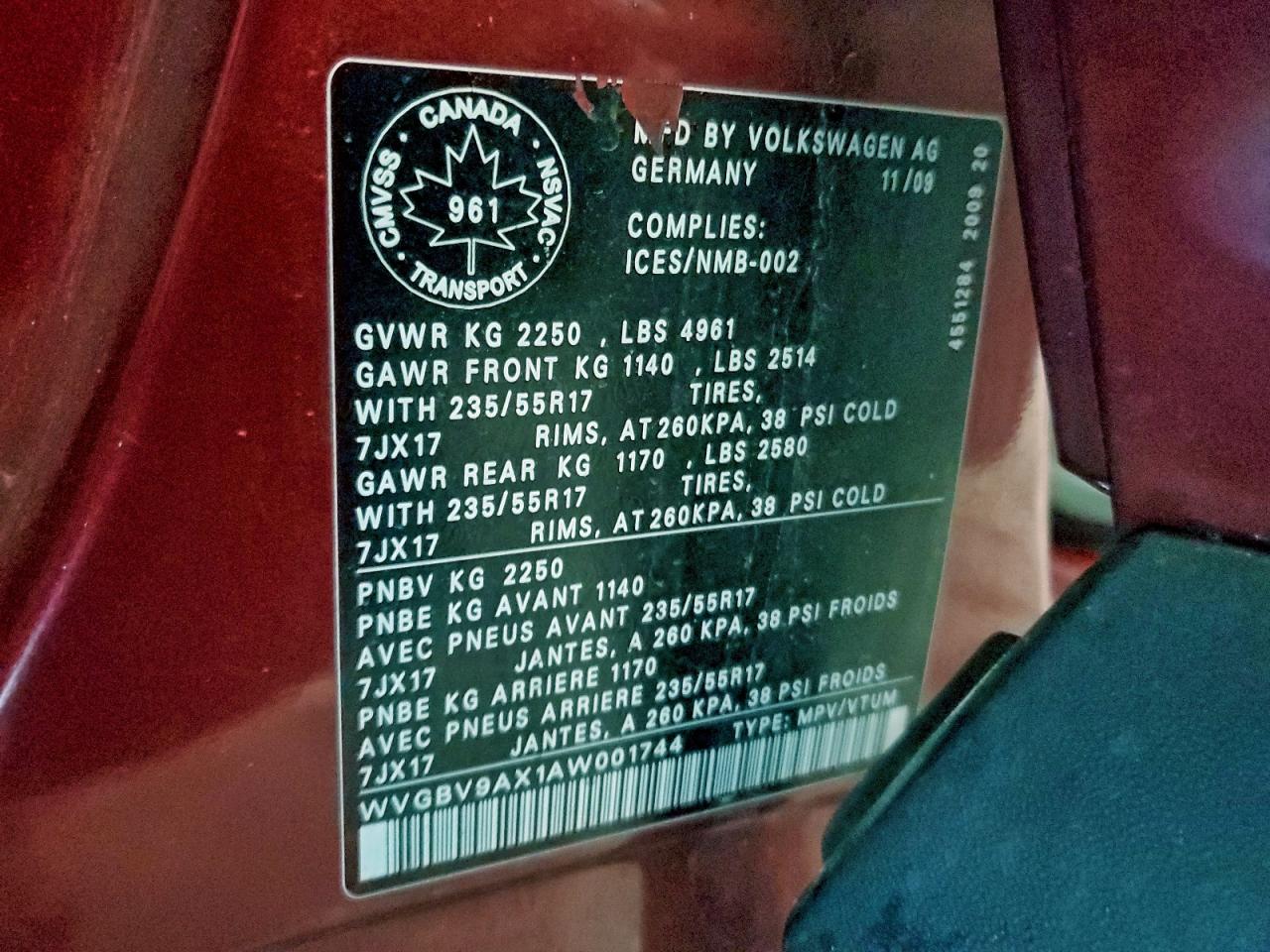 2010 Volkswagen Tiguan Se VIN: WVGBV9AX1AW001744 Lot: 95107955