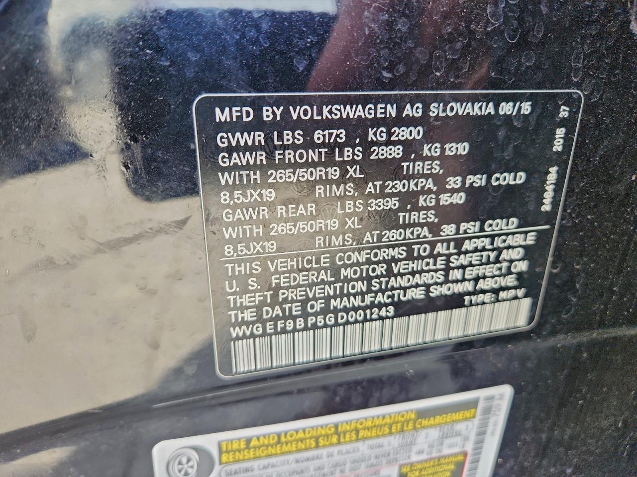 2016 Volkswagen Touareg Sport VIN: WVGEF9BP5GD001243 Lot: 95510635