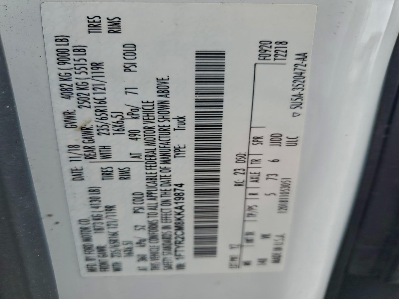 2019 Ford Transit T-250 VIN: 1FTYR2CM8KKA19874 Lot: 94855715