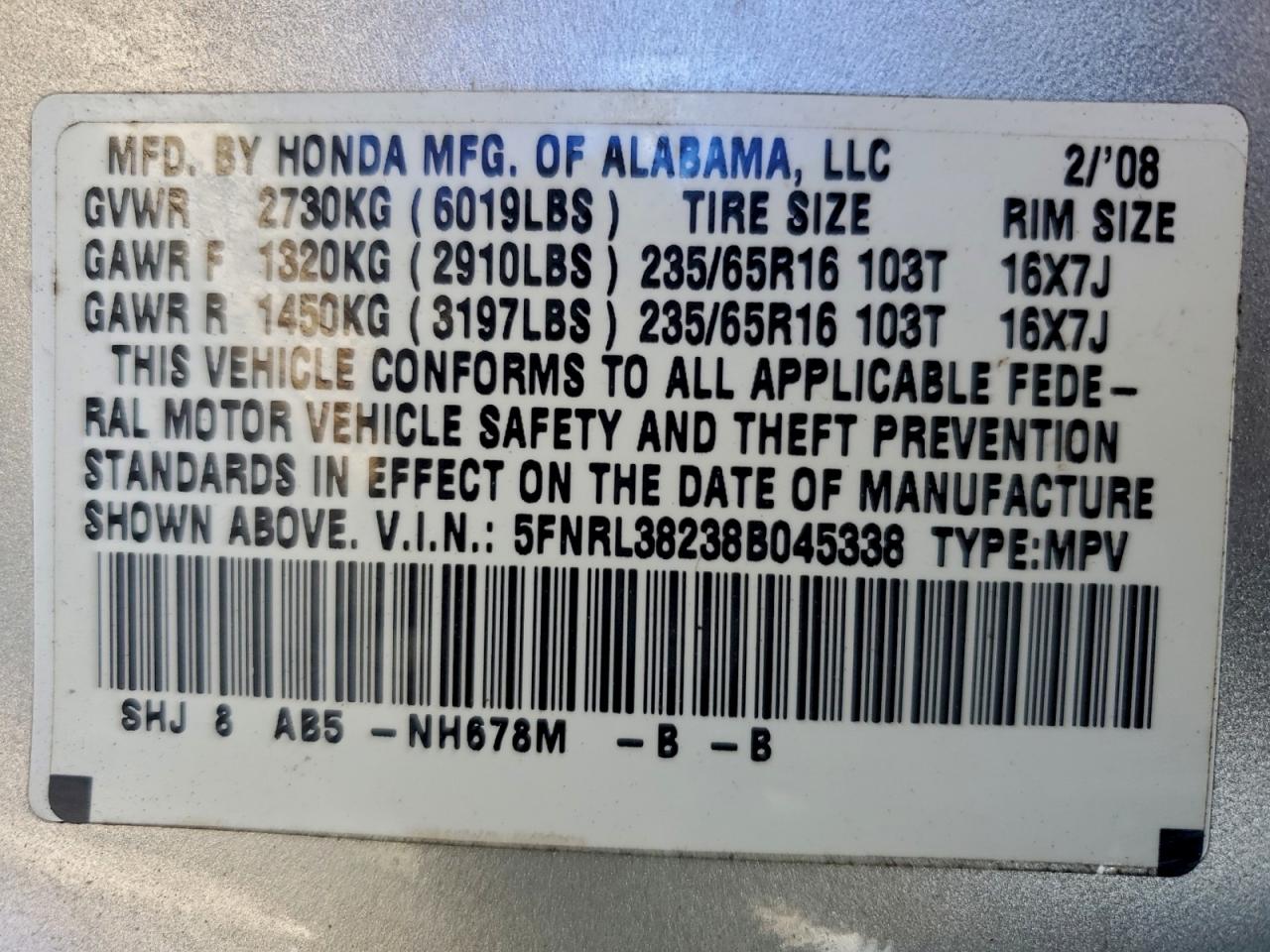 2008 Honda Odyssey Lx VIN: 5FNRL38238B045338 Lot: 95924505