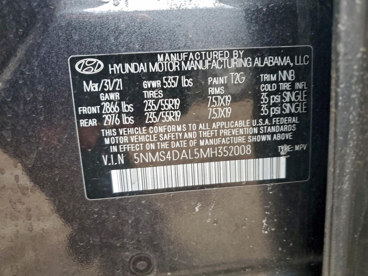 2021 Hyundai Santa Fe Limited VIN: 5NMS4DAL5MH352008 Lot: 97594125