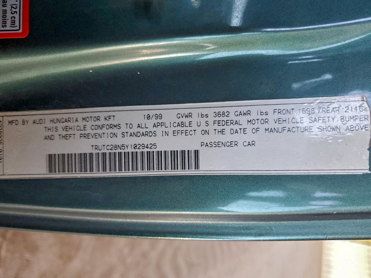 2000 Audi Tt VIN: TRUTC28N5Y1029425 Lot: 95495335