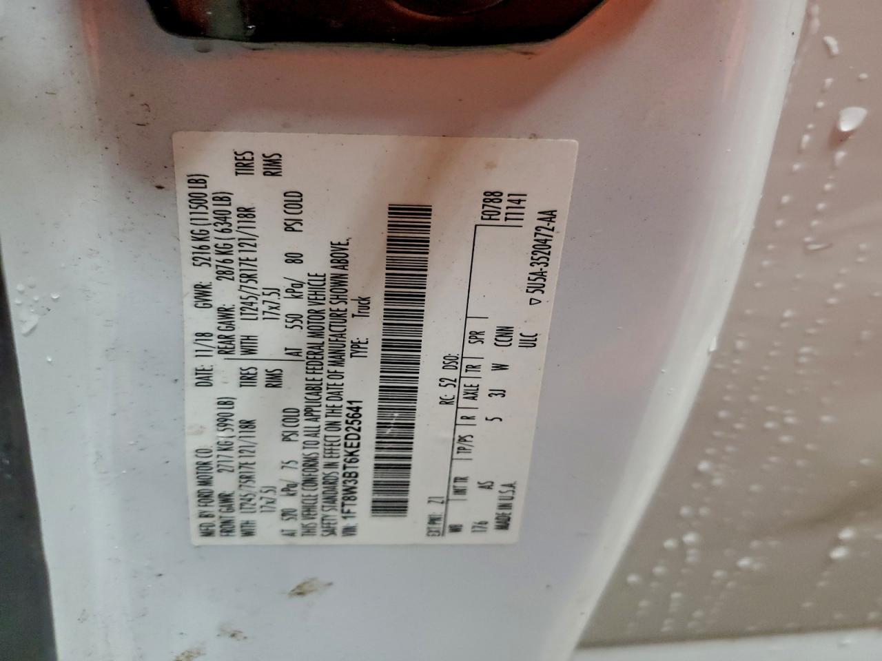 2019 Ford F350 Super Duty VIN: 1FT8W3BT6KED25641 Lot: 94131175