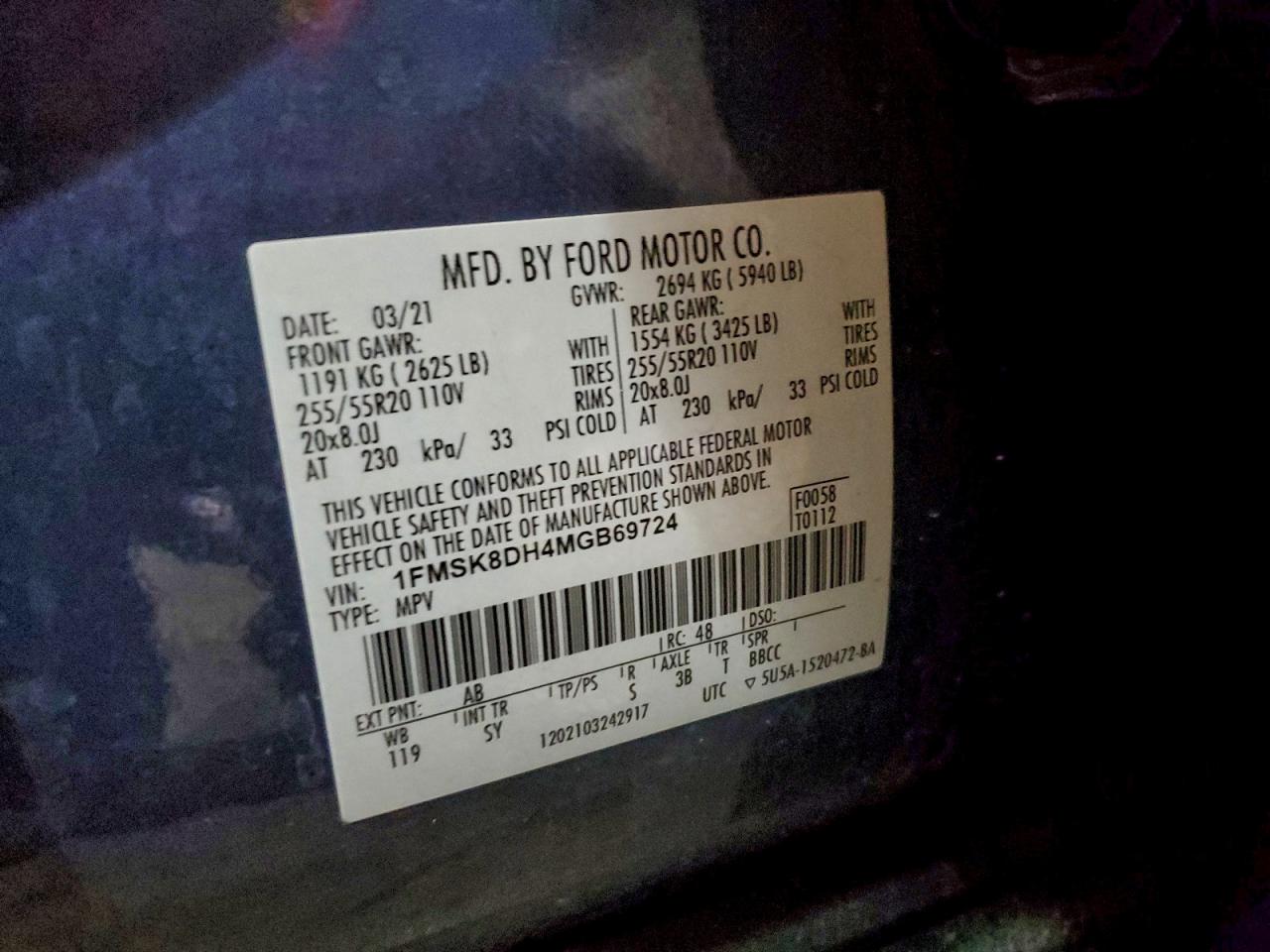 2021 Ford Explorer Xlt VIN: 1FMSK8DH4MGB69724 Lot: 95170515