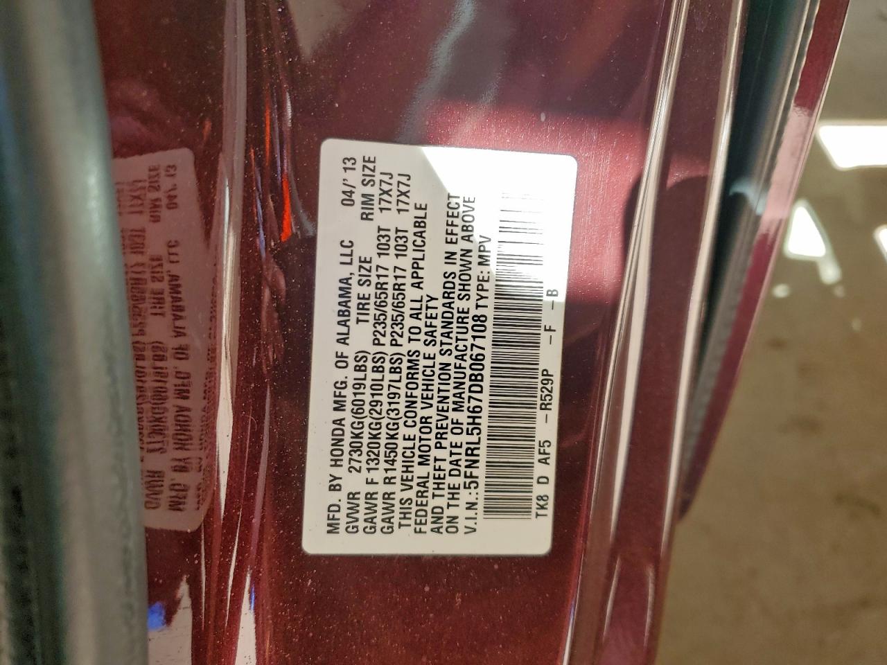 2013 Honda Odyssey Exl VIN: 5FNRL5H67DB067108 Lot: 94944545