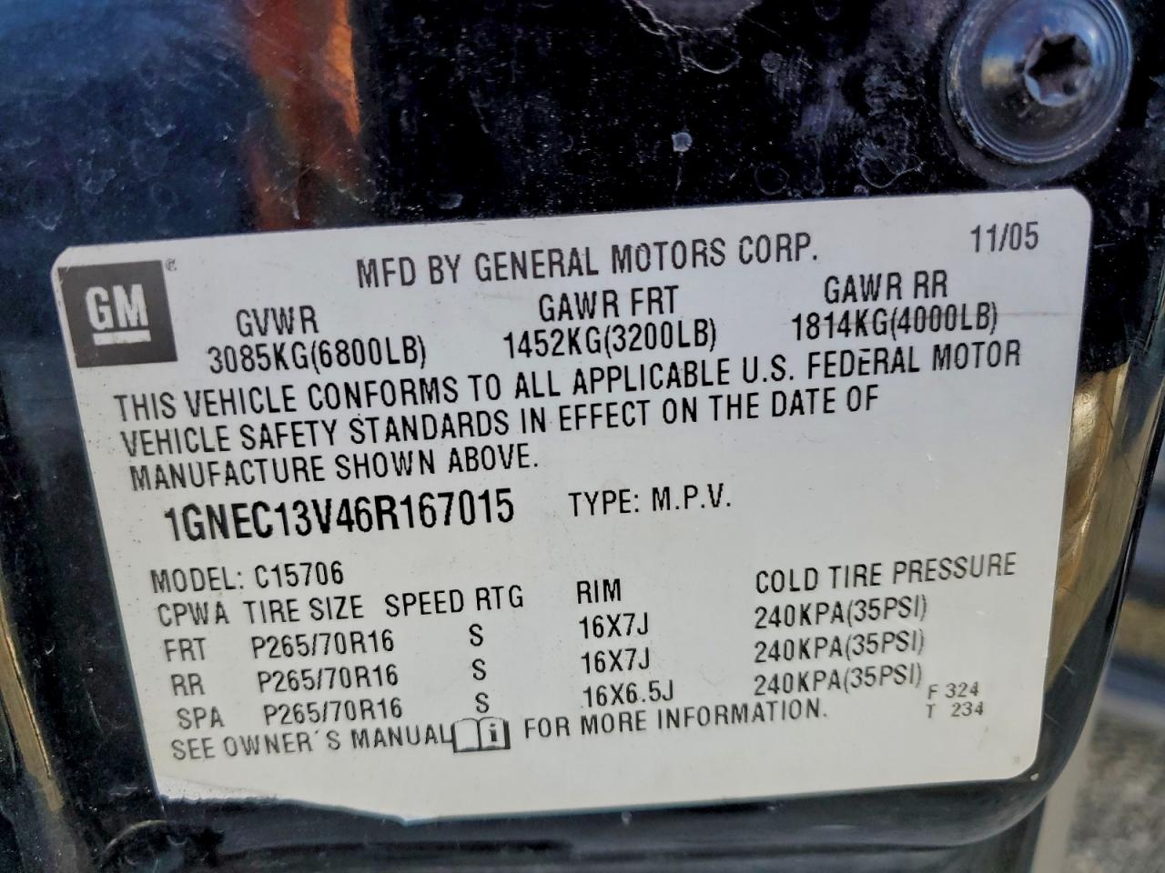 2006 Chevrolet Tahoe C1500 VIN: 1GNEC13V46R167015 Lot: 94520525
