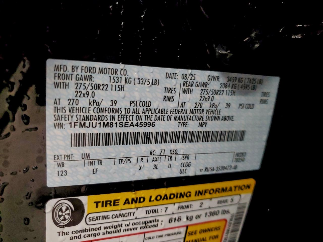 2025 Ford Expedition Platinum VIN: 1FMJU1M81SEA45996 Lot: 95831825