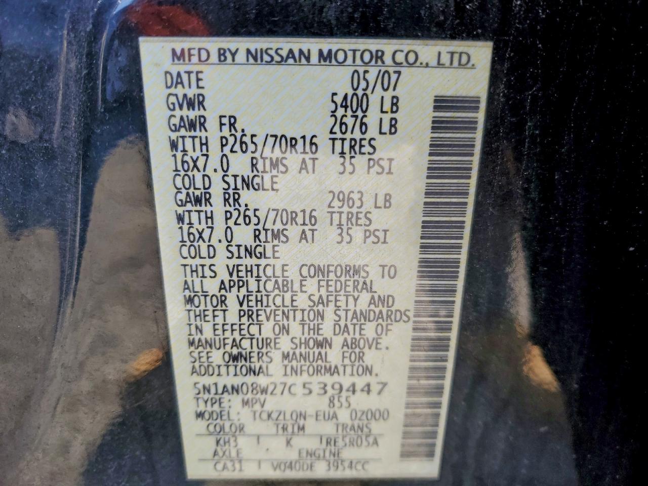 2007 Nissan Xterra Off Road VIN: 5N1AN08W27C539447 Lot: 94363695