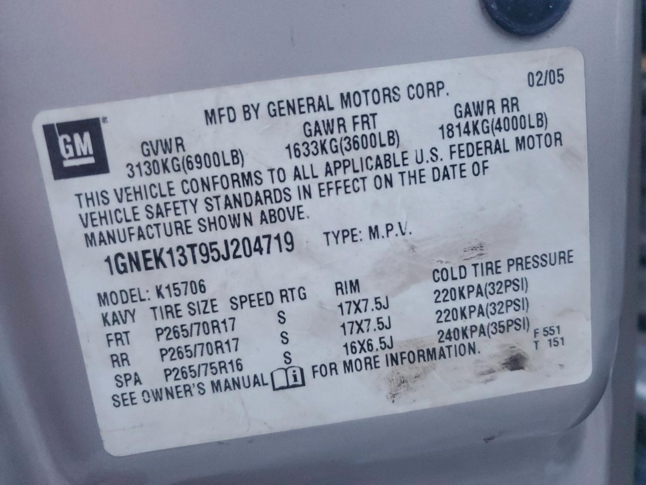 2005 Chevrolet Tahoe K1500 VIN: 1GNEK13T95J204719 Lot: 96054175