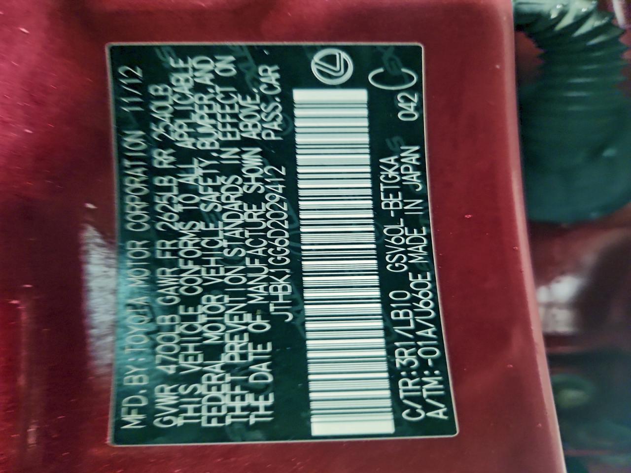 2013 Lexus Es 350 VIN: JTHBK1GG6D2029412 Lot: 92675845