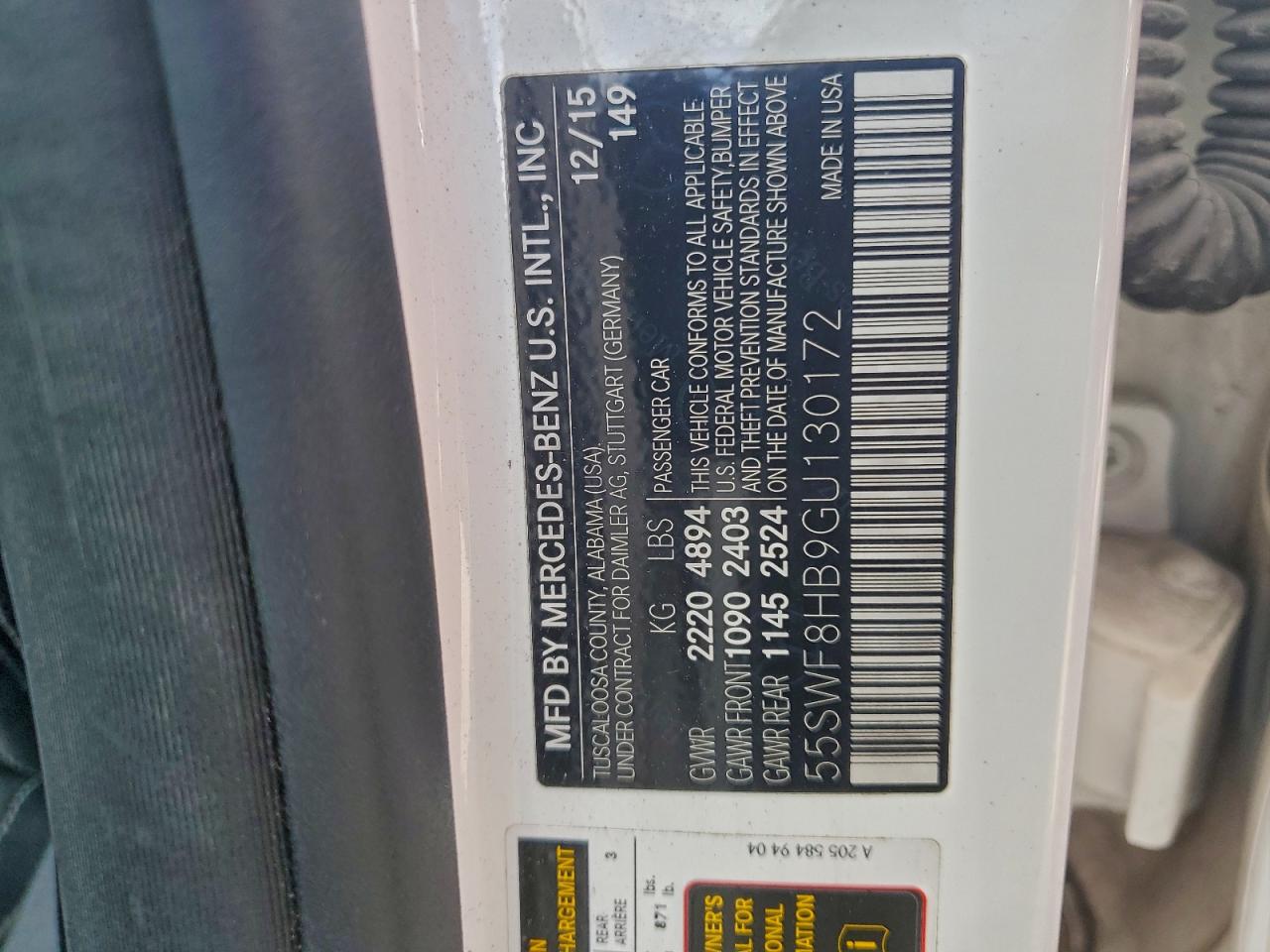 2016 Mercedes-Benz C 63 Amg-S VIN: 55SWF8HB9GU130172 Lot: 96905005