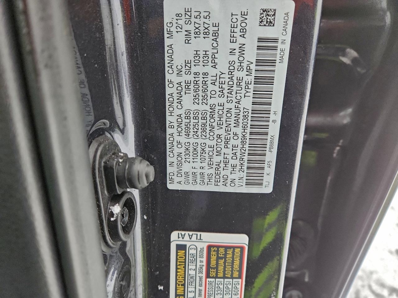 2019 Honda Cr-V Exl VIN: 2HKRW2H89KH603837 Lot: 95961415