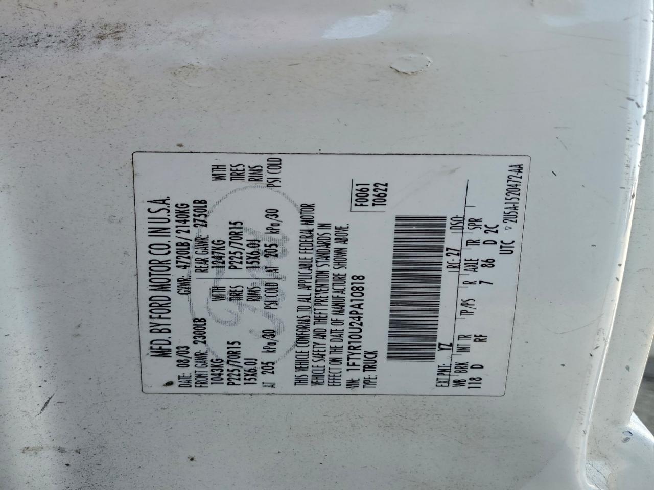 2004 Ford Ranger VIN: 1FTYR10U24PA10818 Lot: 97007485