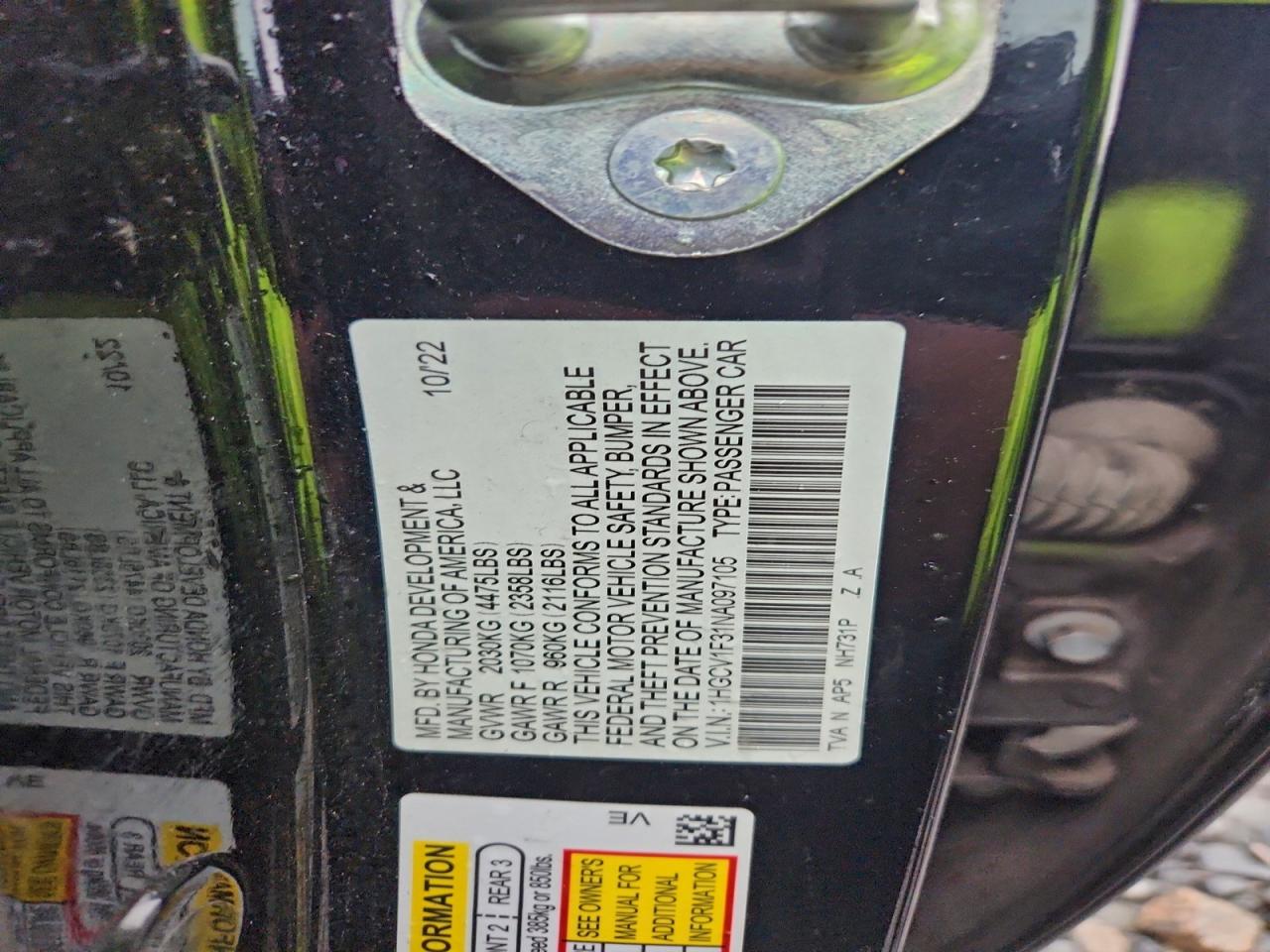 2022 Honda Accord Sport VIN: 1HGCV1F31NA097105 Lot: 95452835