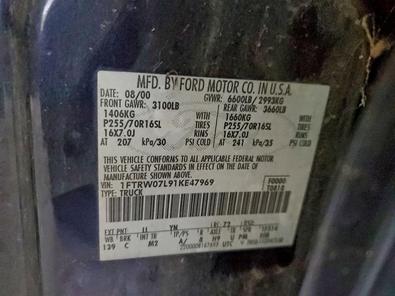 2001 Ford F150 Supercrew VIN: 1FTRW07L91KE47969 Lot: 96776955