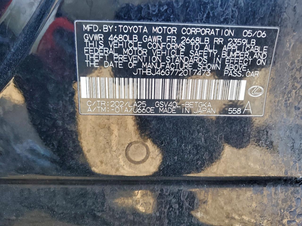 2007 Lexus Es 350 VIN: JTHBJ46G772017473 Lot: 94364565