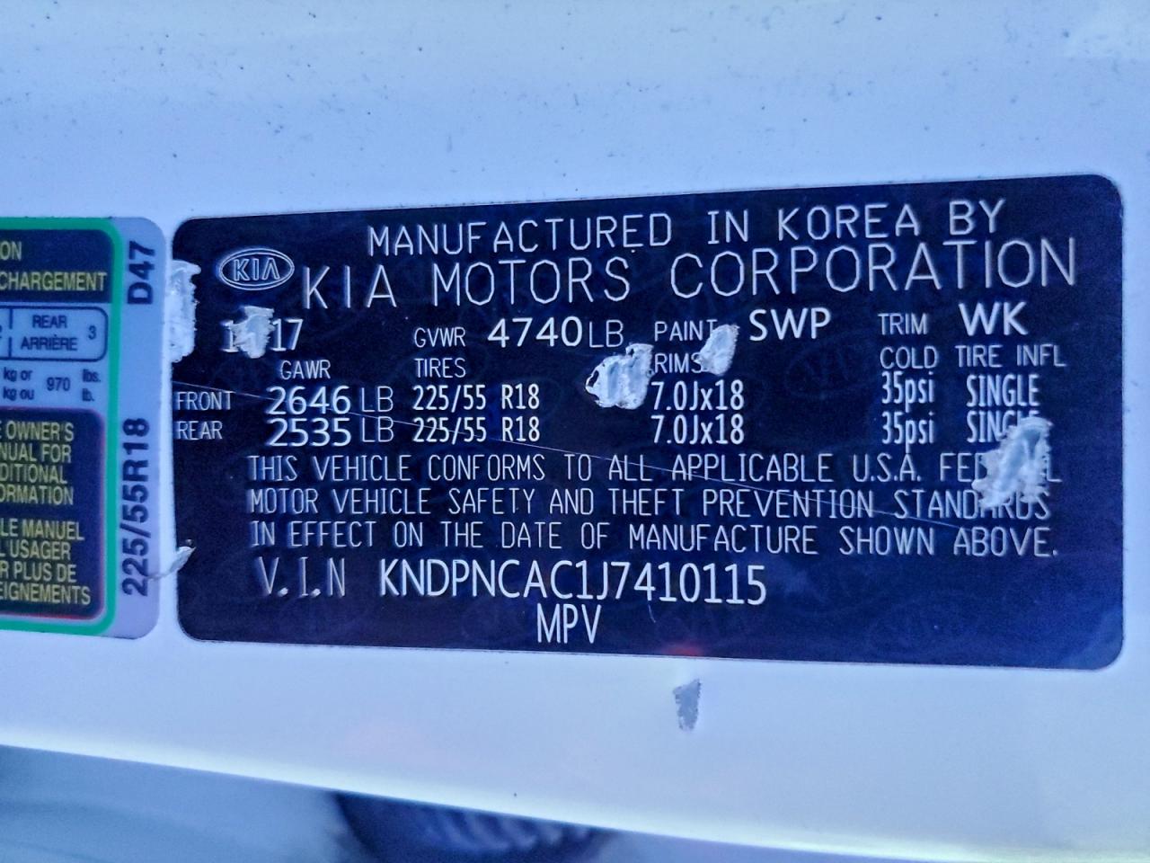 2018 Kia Sportage Ex VIN: KNDPNCAC1J7410115 Lot: 95665355