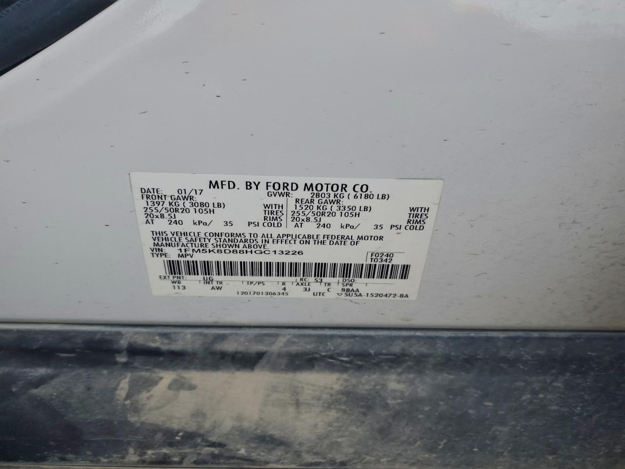 2017 Ford Explorer Xlt VIN: 1FM5K8D88HGC13226 Lot: 94689365