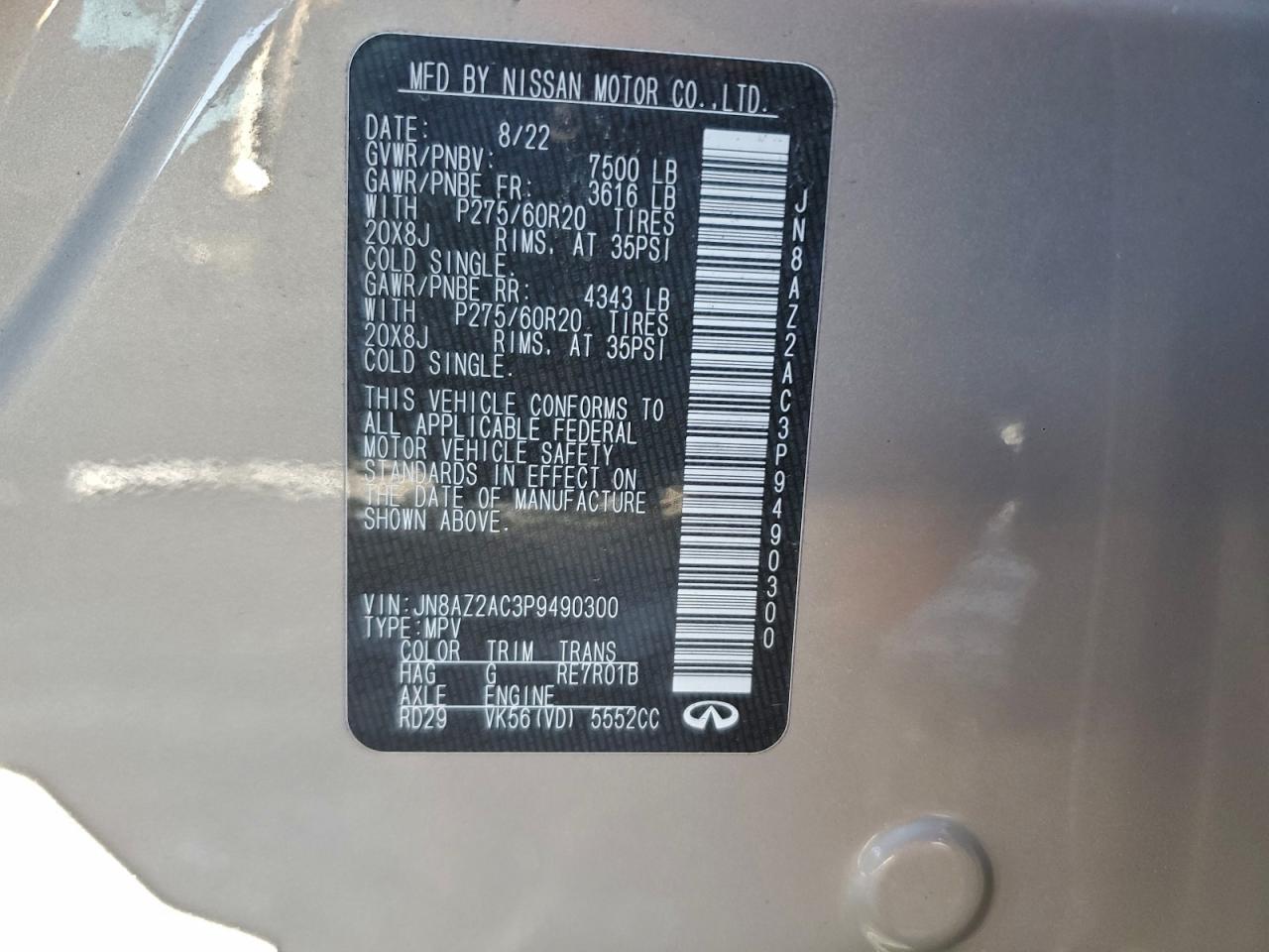 2023 Infiniti Qx80 Luxe VIN: JN8AZ2AC3P9490300 Lot: 97000555