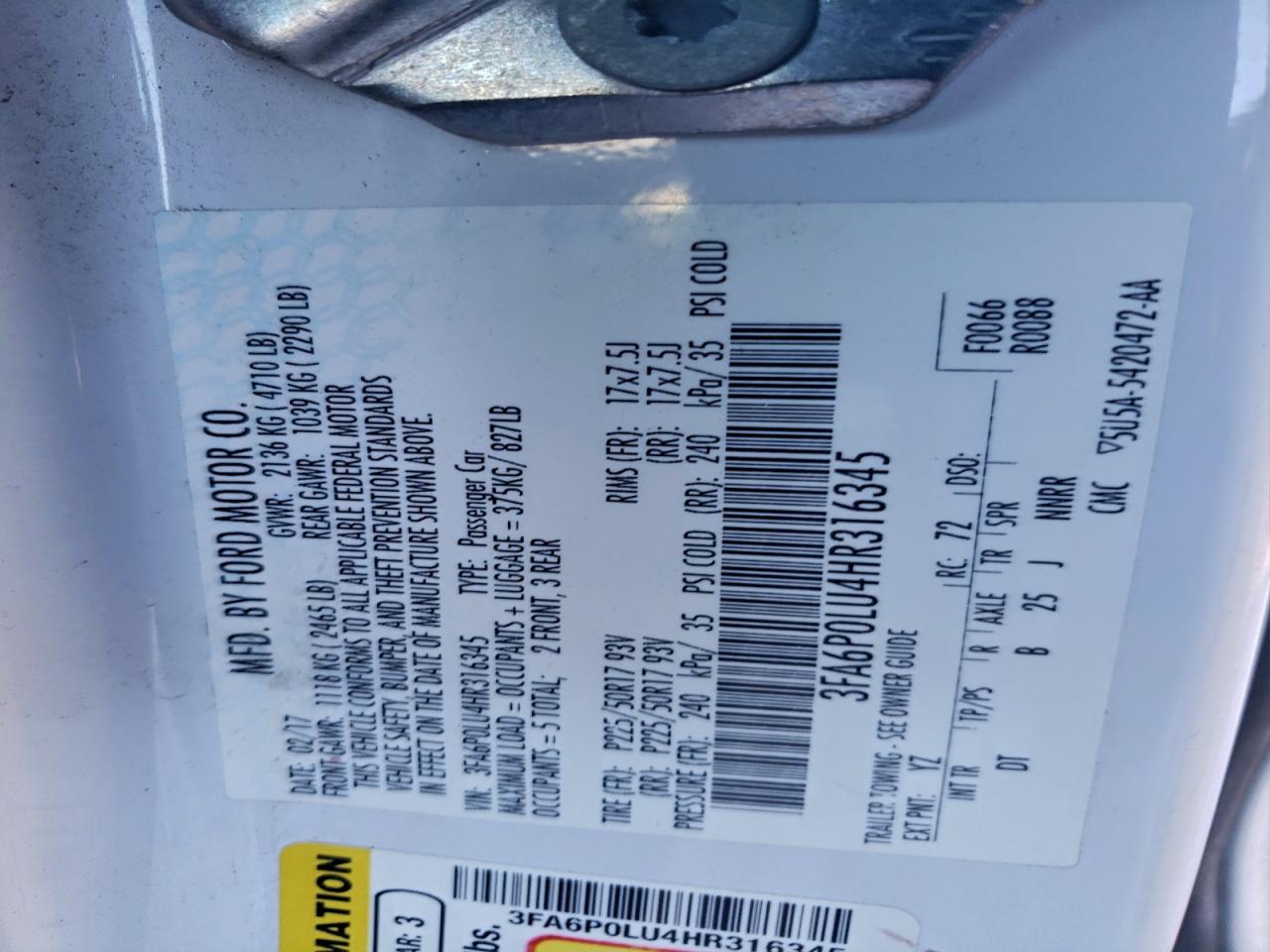 2017 Ford Fusion Se Hybrid VIN: 3FA6P0LU4HR316345 Lot: 95155675