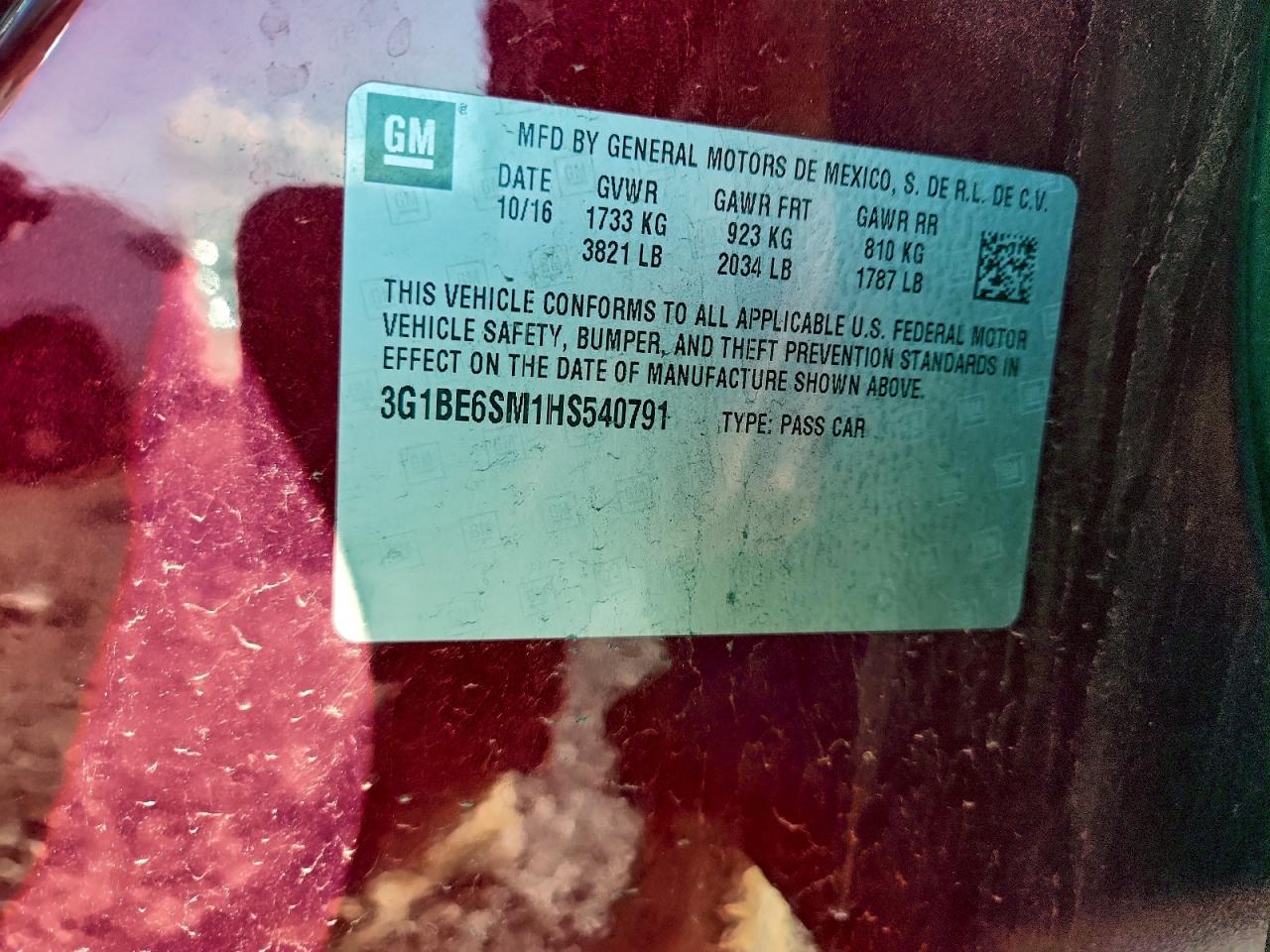 2017 Chevrolet Cruze Lt VIN: 3G1BE6SM1HS540791 Lot: 94462695