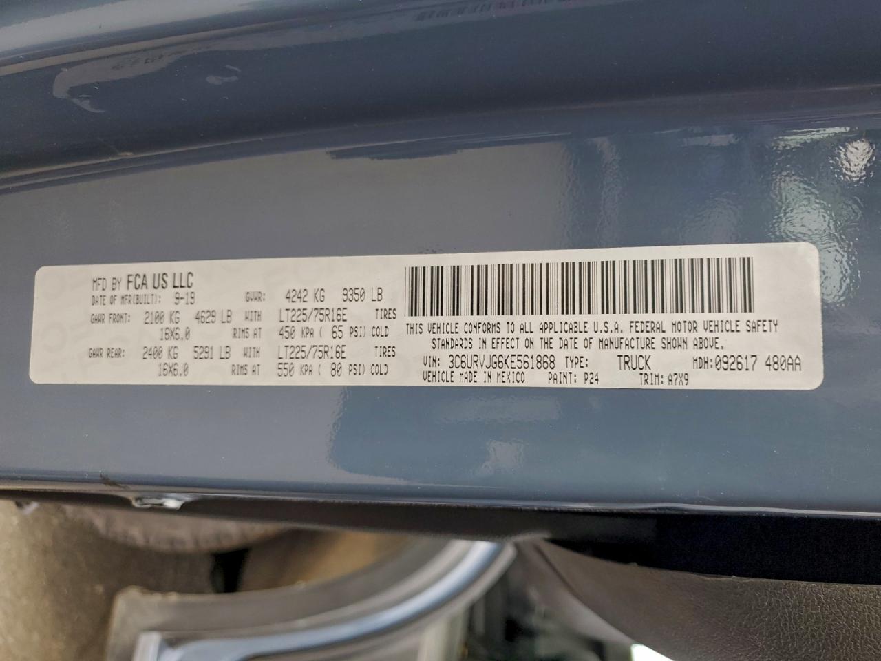 2019 Ram Promaster 3500 Delivery Van VIN: 3C6URVJG6KE561868 Lot: 96117405