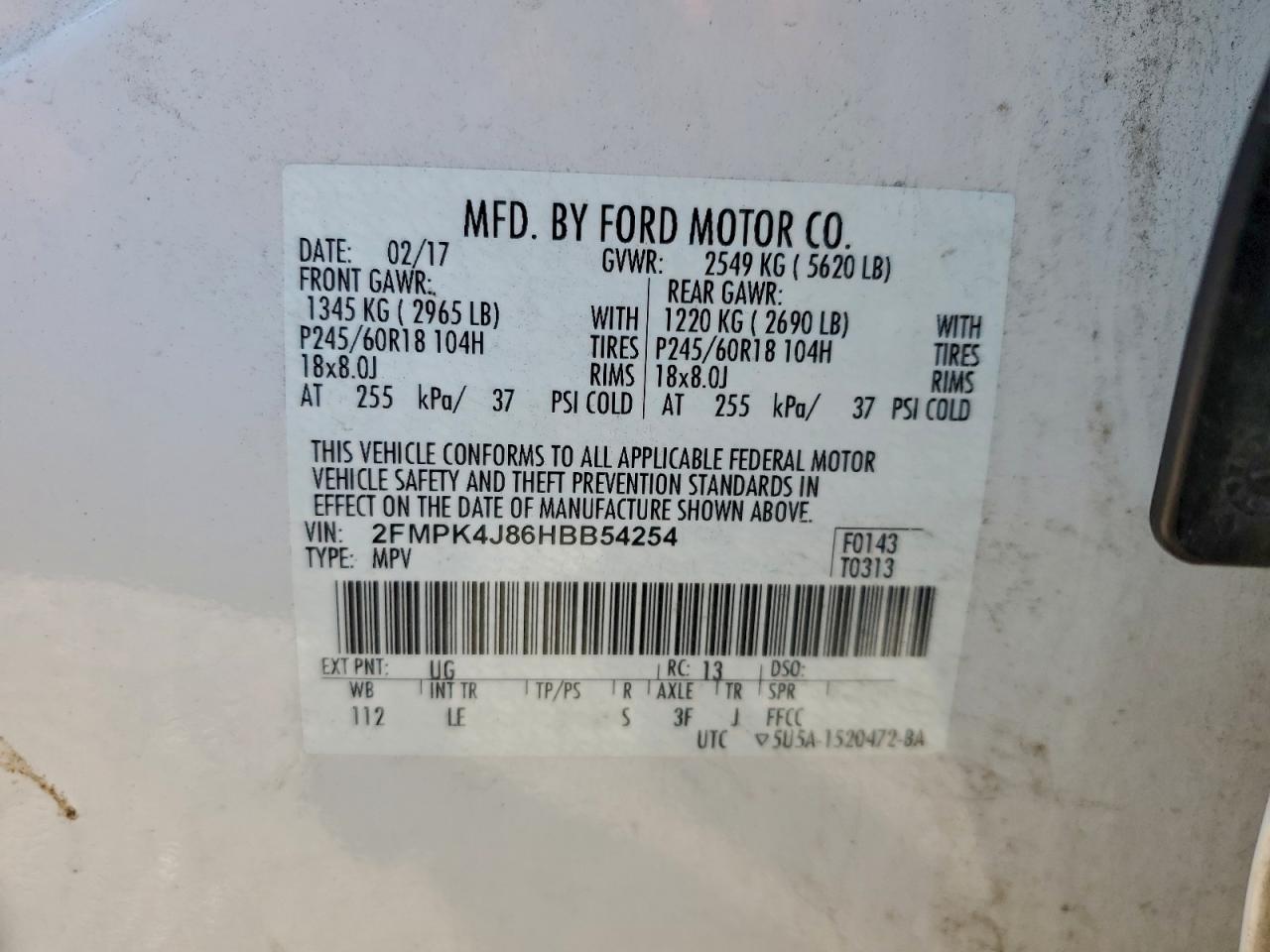 2017 Ford Edge Sel VIN: 2FMPK4J86HBB54254 Lot: 94001295