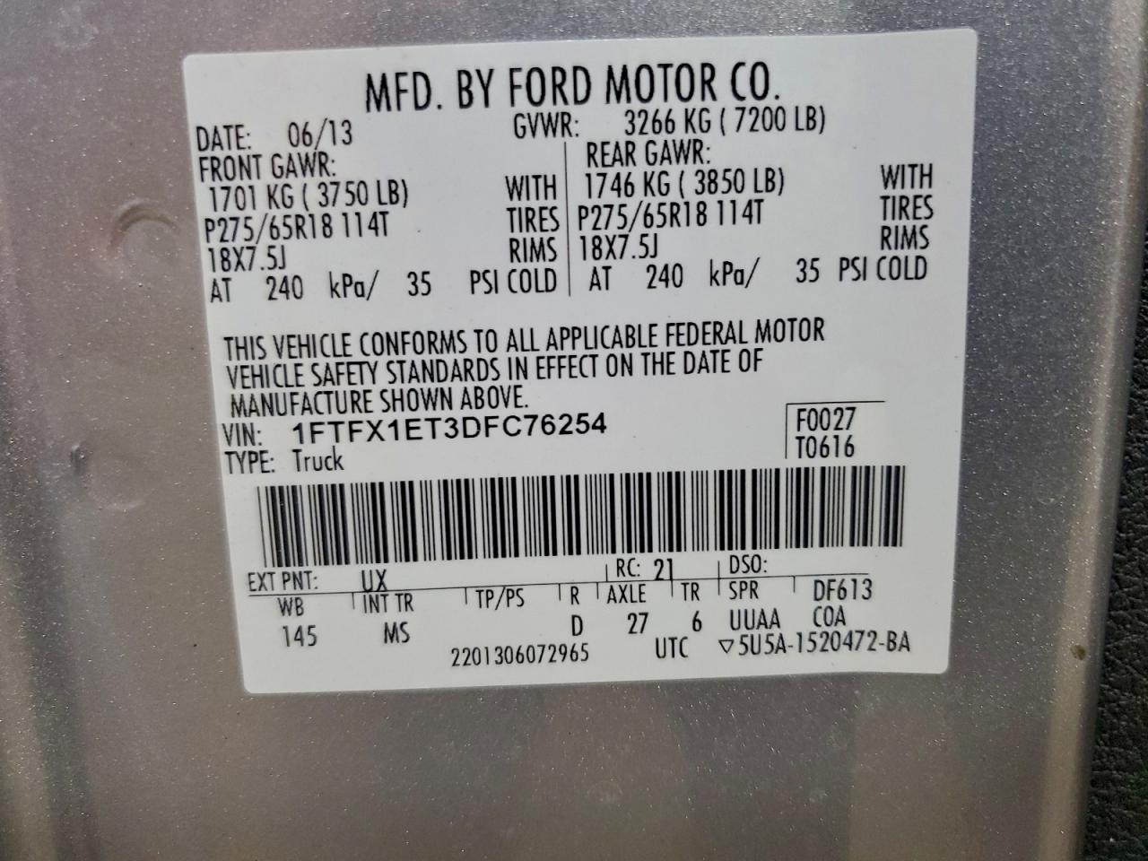 2013 Ford F150 Super Cab VIN: 1FTFX1ET3DFC76254 Lot: 94869825