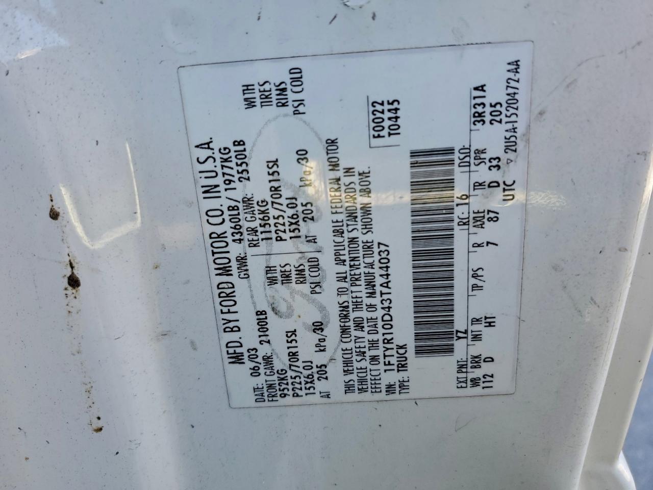 2003 Ford Ranger VIN: 1FTYR10D43TA44037 Lot: 95321105