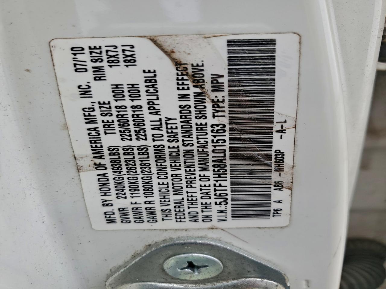 2010 Honda Accord Crosstour Exl VIN: 5J6TF1H58AL015163 Lot: 96811235