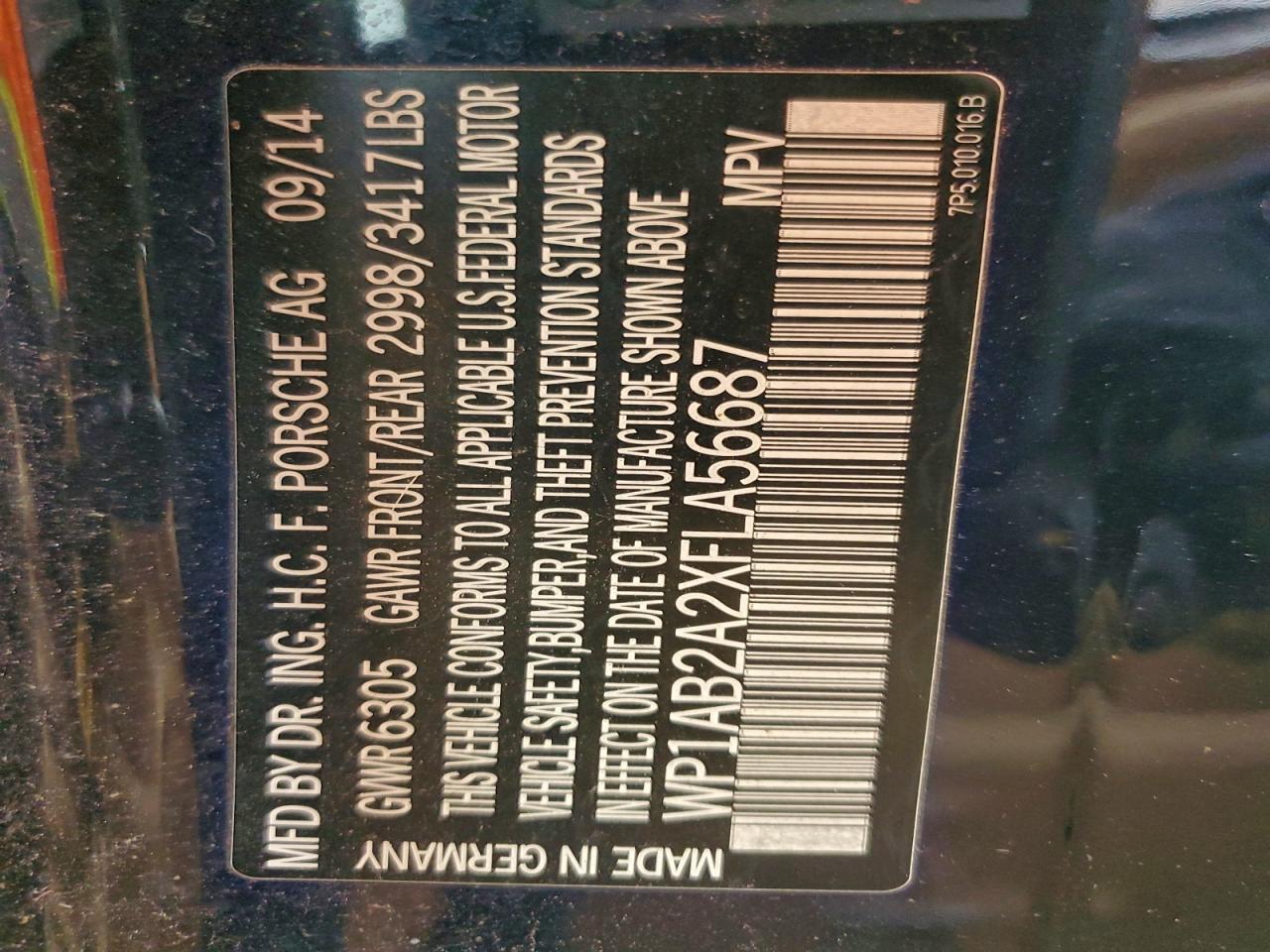 2015 Porsche Cayenne S VIN: WP1AB2A2XFLA56687 Lot: 96706955