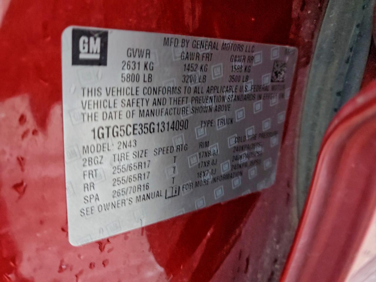 2016 GMC Canyon Sle VIN: 1GTG5CE35G1314090 Lot: 94150885