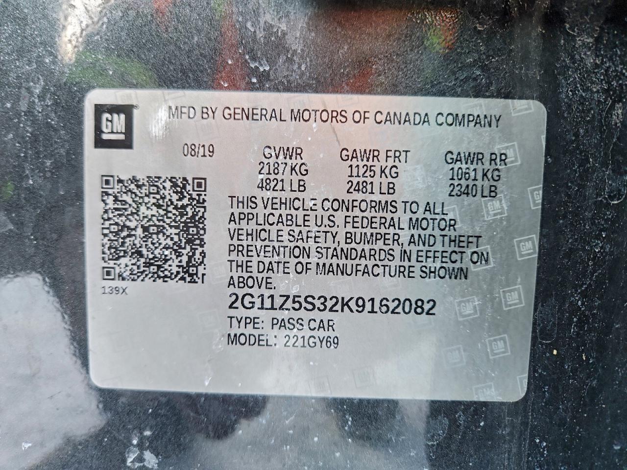 2019 Chevrolet Impala Lt VIN: 2G11Z5S32K9162082 Lot: 95284365