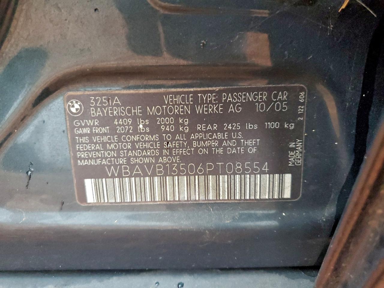 2006 BMW 325 I VIN: WBAVB13506PT08554 Lot: 95292235