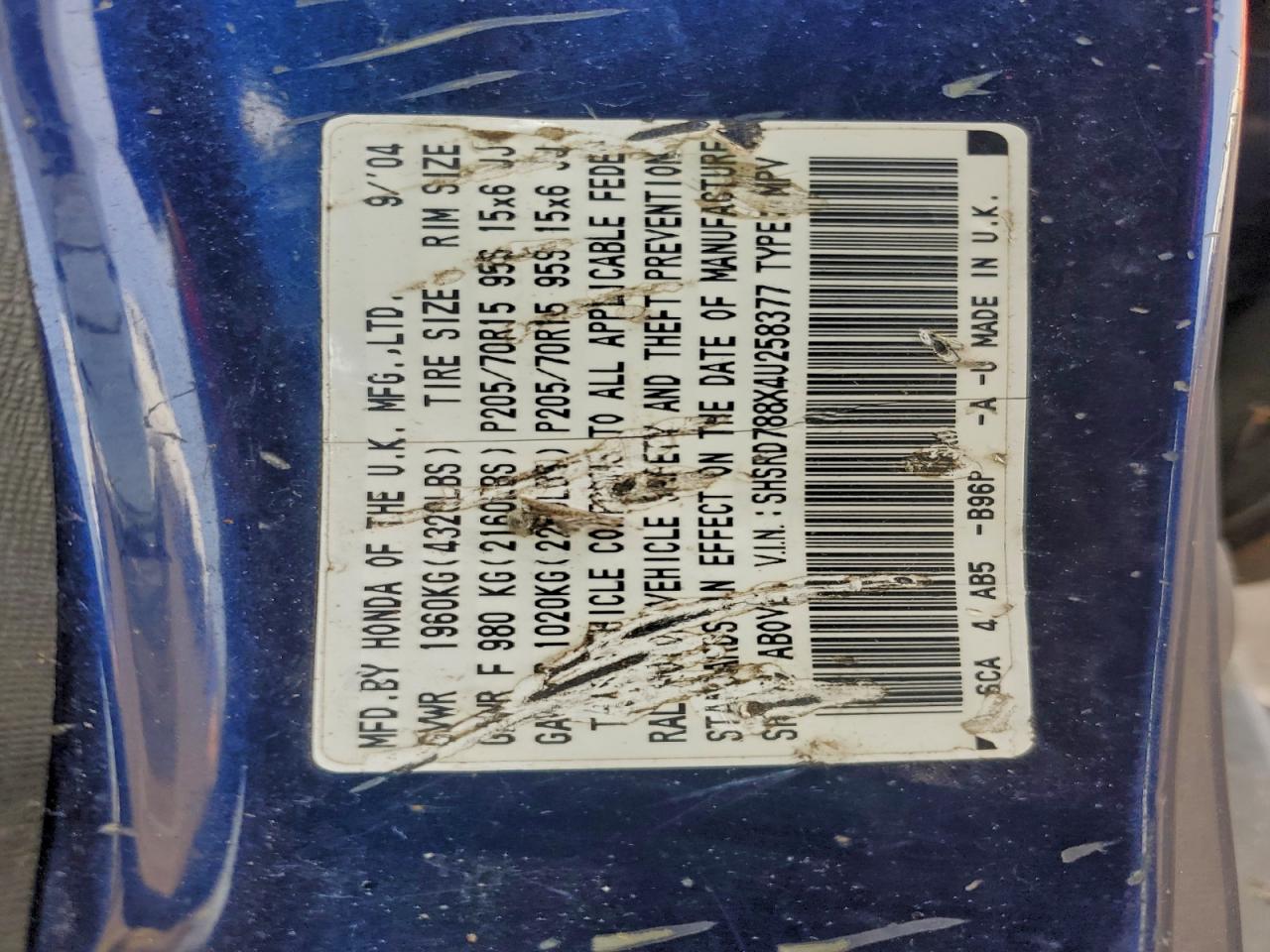 2004 Honda Cr-V Ex VIN: SHSRD788X4U258377 Lot: 94115375