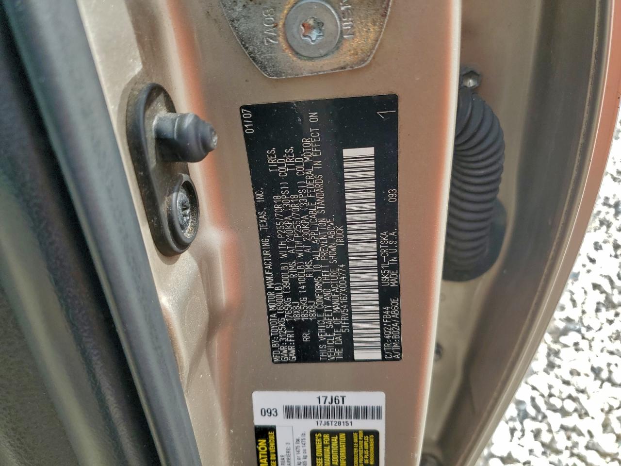 2007 Toyota Tundra Double Cab Sr5 VIN: 5TFRV54167X004774 Lot: 95851095