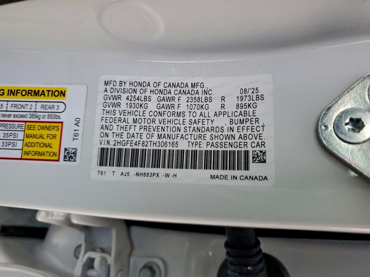 2026 Honda Civic Sport VIN: 2HGFE4F82TH306165 Lot: 94975865