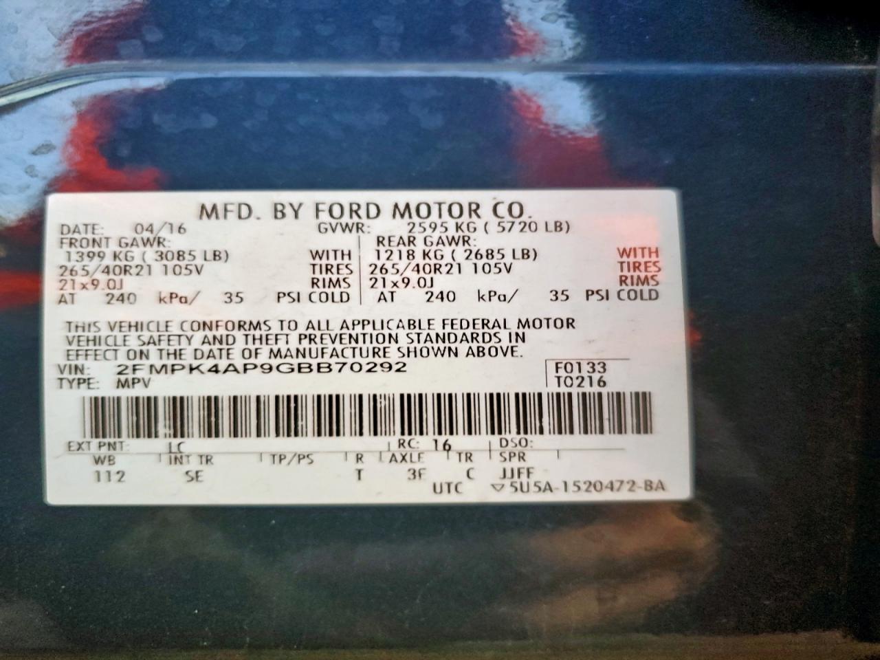 2016 Ford Edge Sport VIN: 2FMPK4AP9GBB70292 Lot: 94341265