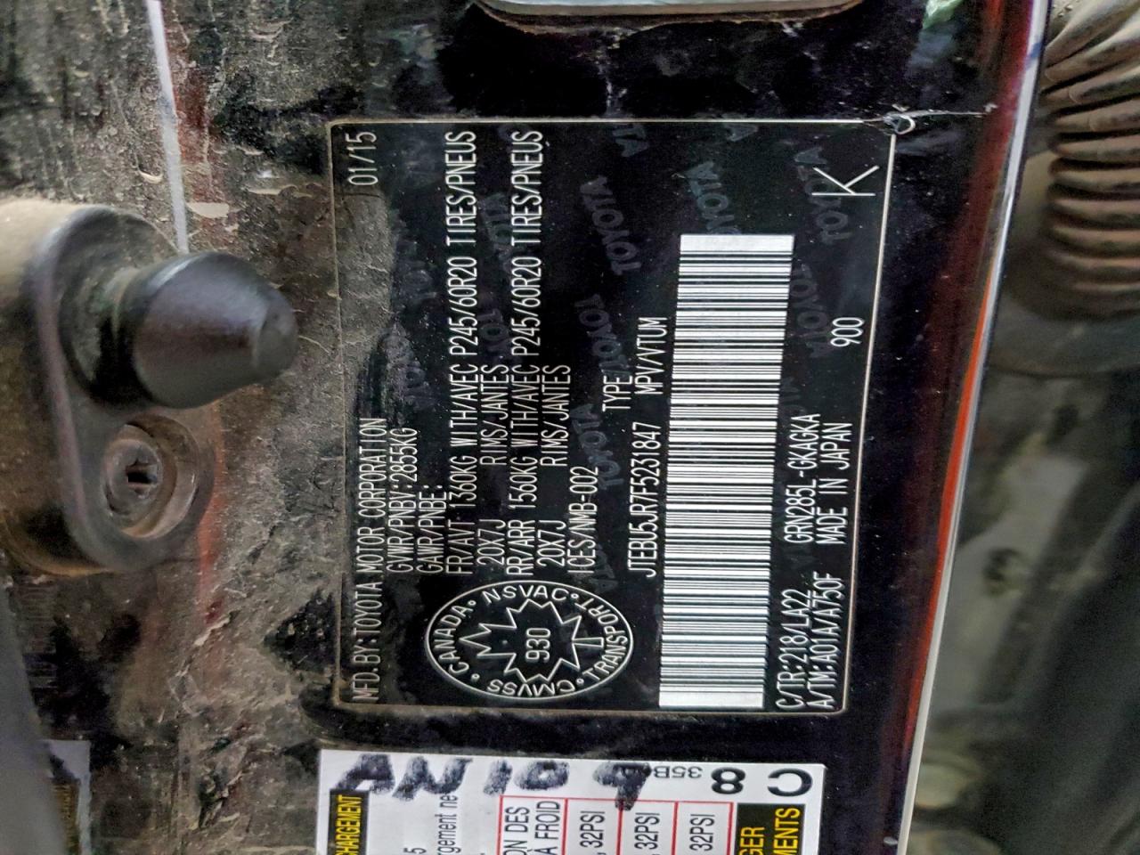 2015 Toyota 4Runner Sr5/Sr5 Premium VIN: JTEBU5JR7F5231847 Lot: 93458095