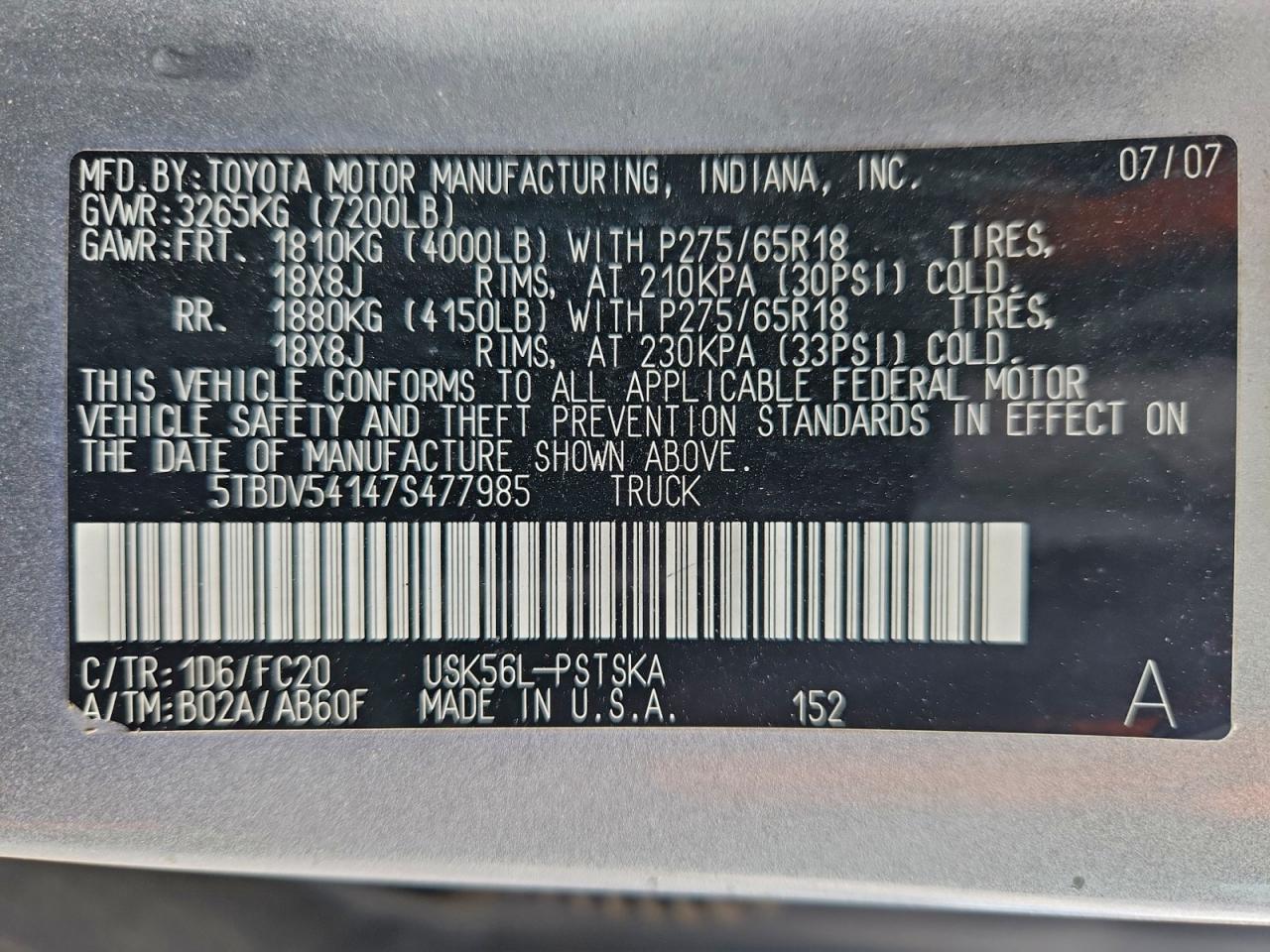 2007 Toyota Tundra Crewmax Sr5 VIN: 5TBDV54147S477985 Lot: 95937635