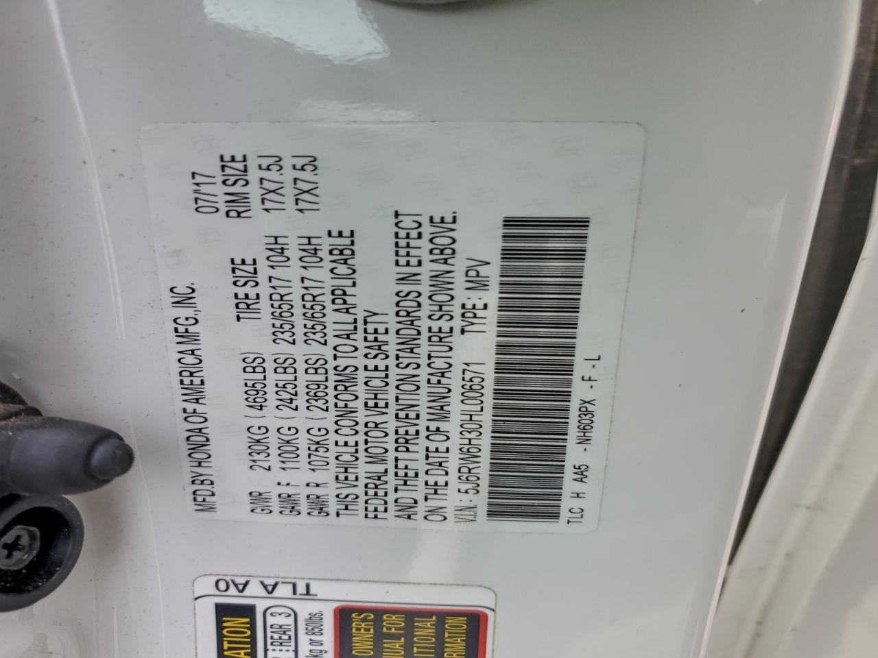 2017 Honda Cr-V Lx VIN: 5J6RW6H30HL006571 Lot: 93608795