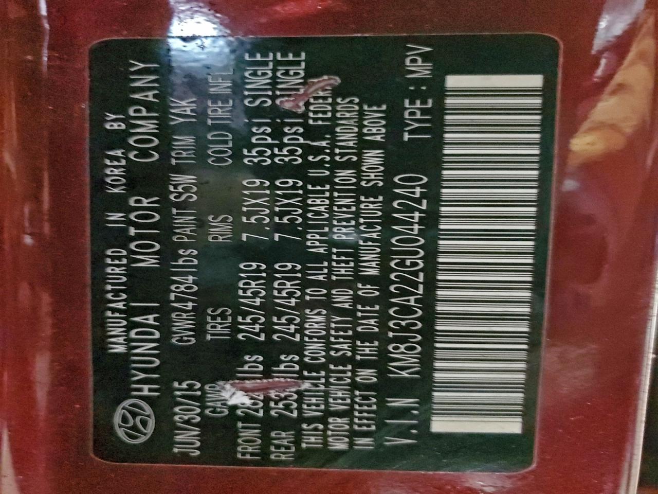 2016 Hyundai Tucson Limited VIN: KM8J3CA22GU044240 Lot: 95026715