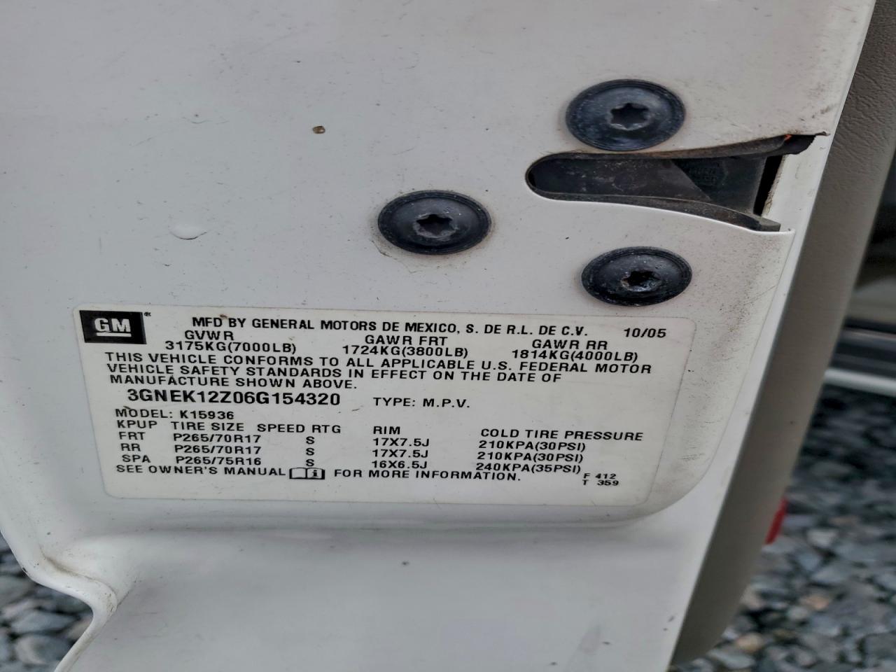 2006 Chevrolet Avalanche K1500 VIN: 3GNEK12Z06G154320 Lot: 95430865