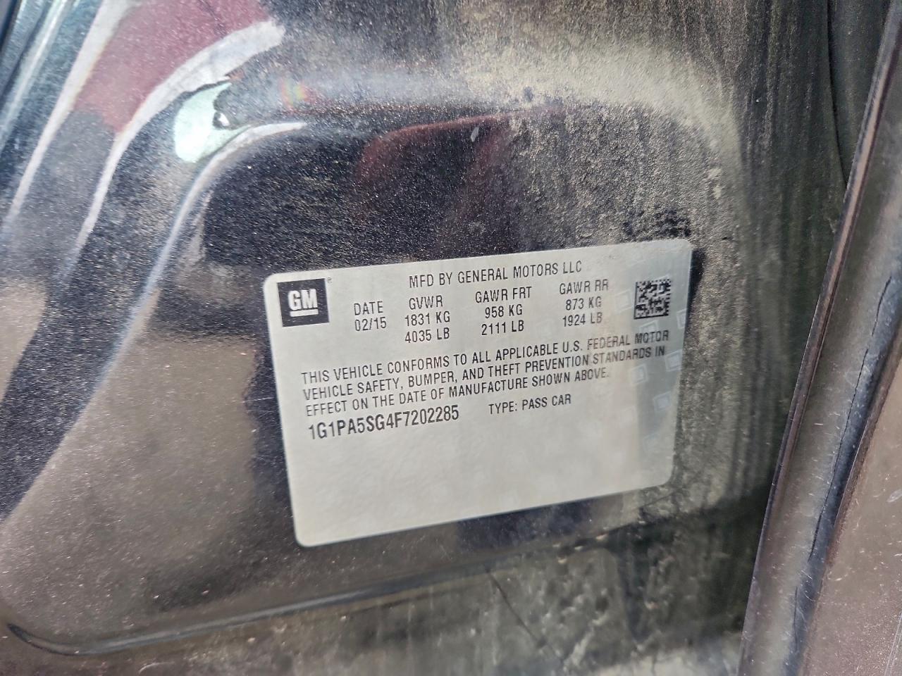 2015 Chevrolet Cruze Ls VIN: 1G1PA5SG4F7202285 Lot: 95909885