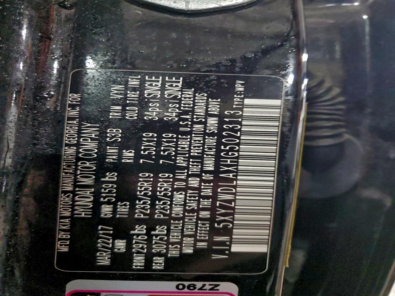 2017 Hyundai Santa Fe Sport VIN: 5XYZWDLAXHG502313 Lot: 94743755