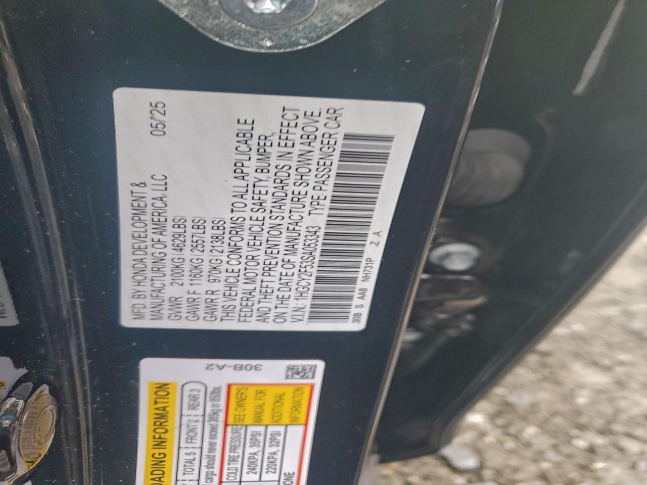 2025 Honda Accord Hybrid Sport VIN: 1HGCY2F53SA053343 Lot: 97440845