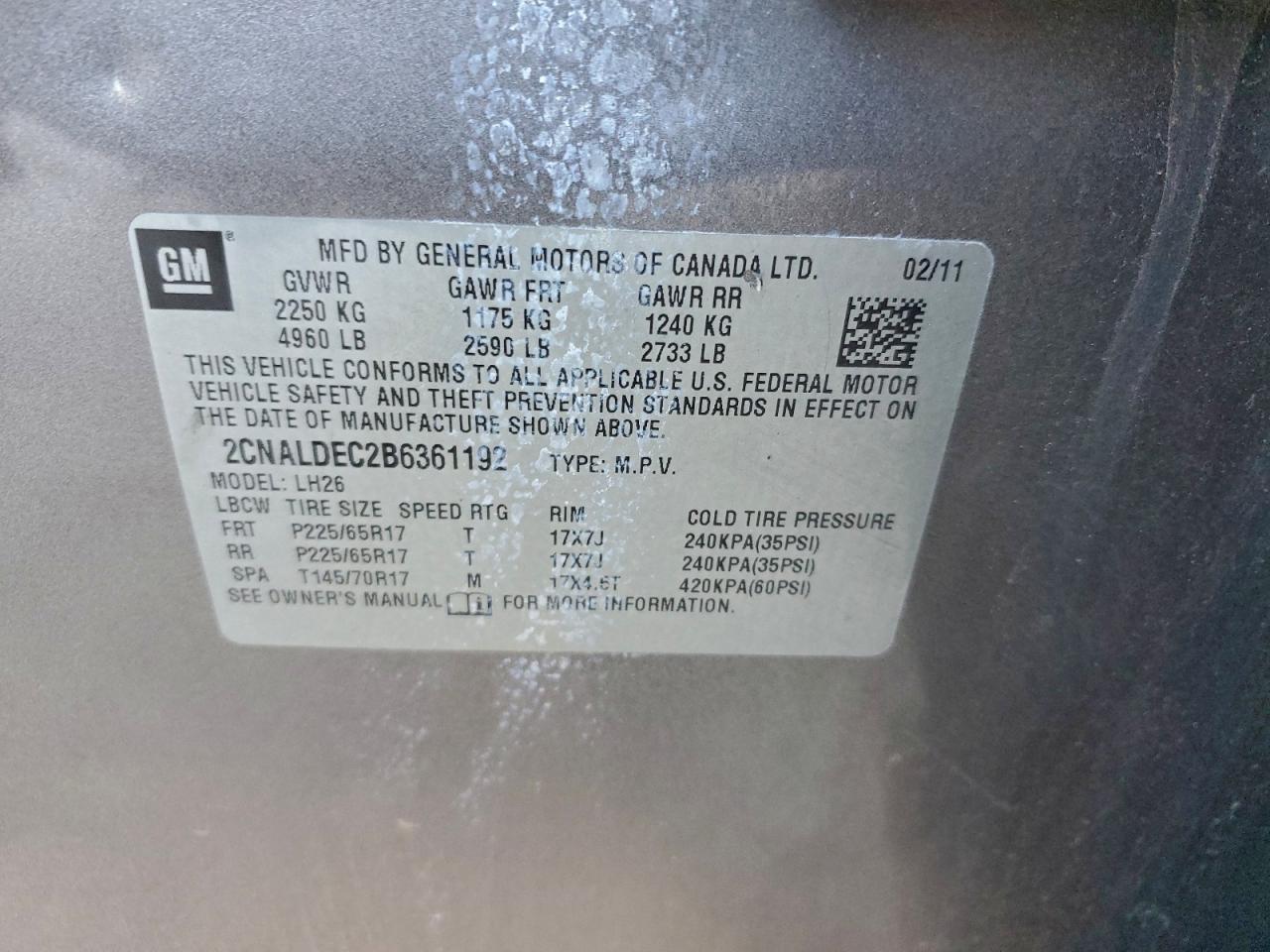 2011 Chevrolet Equinox Lt VIN: 2CNALDEC2B6361192 Lot: 97188625